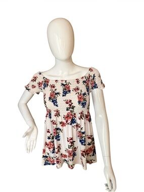 Bobbie Brooks White Off-Shoulder Floral Smocked Tunic with Pink & Blue Flowers